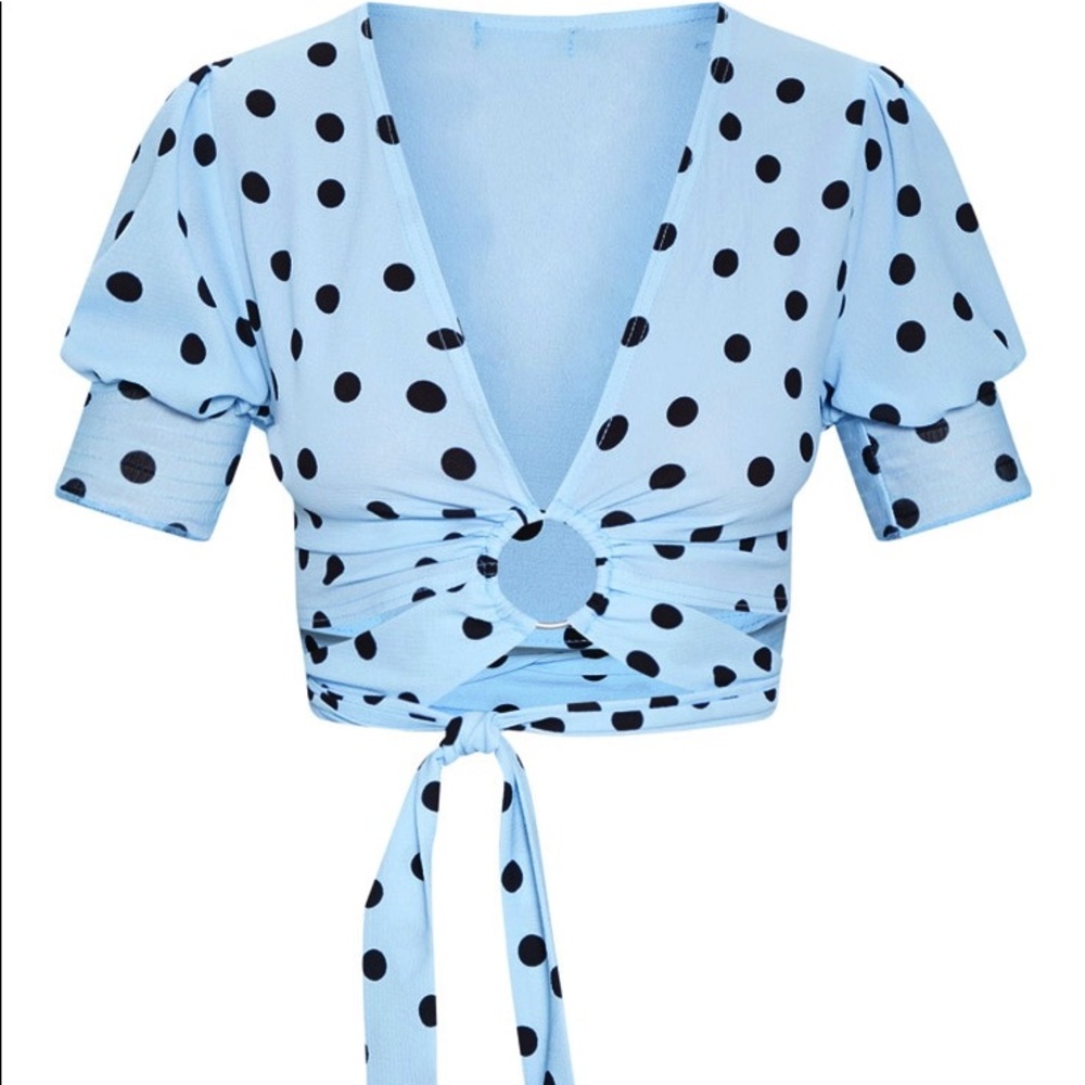 Blue Polka dot Ring detail wrap blouse